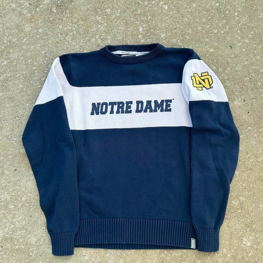 Blue Crewneck Sweater with White Stripe and Notre Dame Text